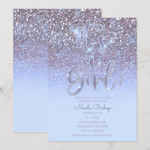 Modern lila silver glitter glamour baby shower för inbjudningar