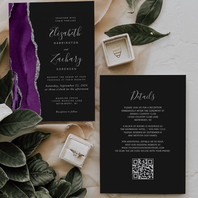 Modern lila silveragat mörk QR-kod bröllop Inbjudningar (Skapare uppladdad)