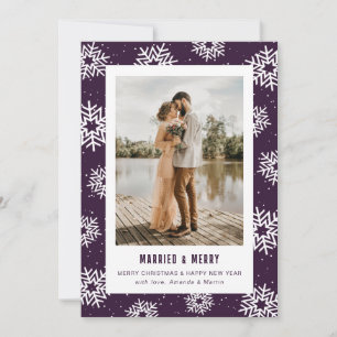 Modern lila snöflinga foto nygifta julkort