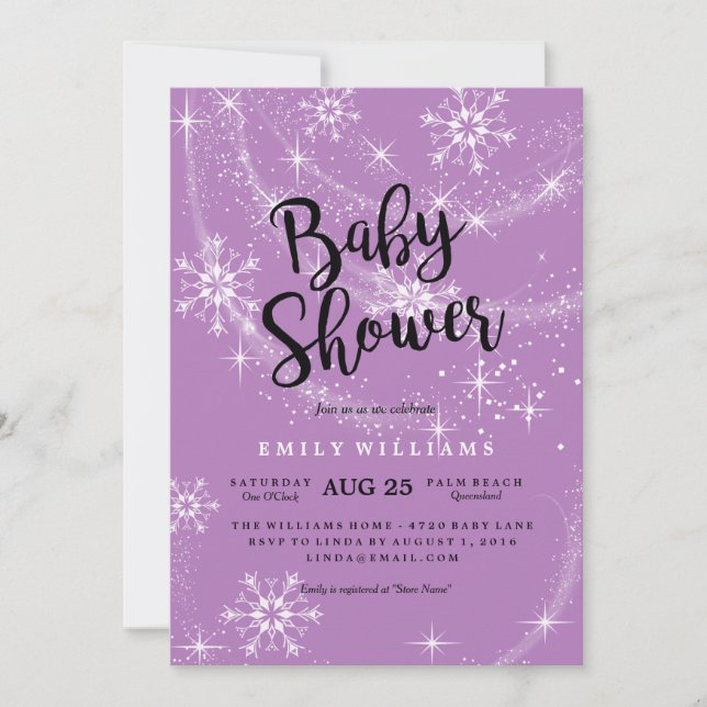 Modern Lila Snowflake Baby Shower-inbjudan Inbjudningar (Framsida)