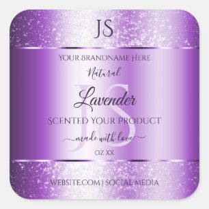 Modern Lila Soft Glitter produktetiketter Monogram Fyrkantigt Klistermärke