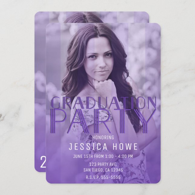 Modern Lila Studentfest Student Photo Inbjudningar (Fram/baksida)