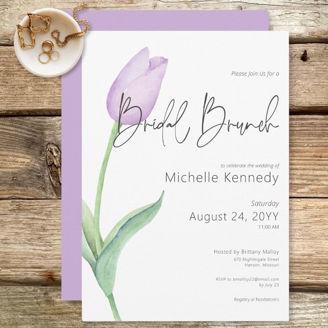 Modern Lila Tulip Solo Möhippa Brunch Inbjudningar (Modern Purple Tulip Solo Bridal Brunch Invitation)
