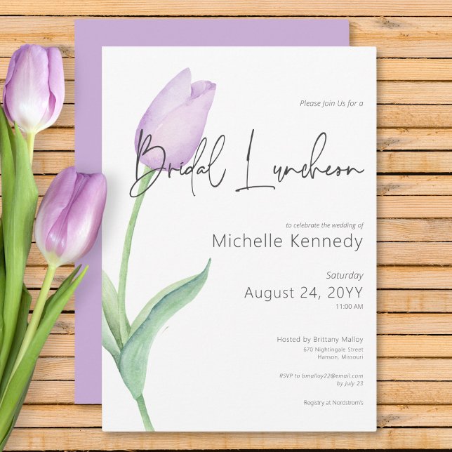 Modern Lila Tulip Solo Möhippa Luncheon Inbjudningar (Modern Purple Tulip Solo Bridal Luncheon Invitation)