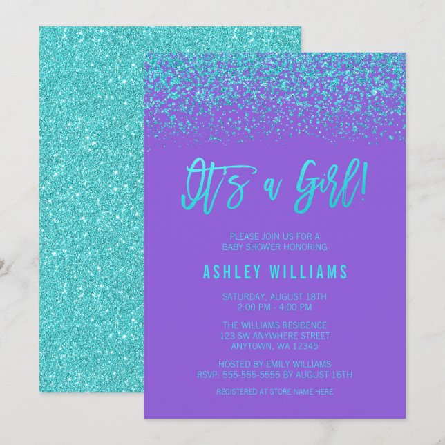 Modern Lila Turquise Glitter Girl Baby Shower Inbjudningar (Fram/baksida)