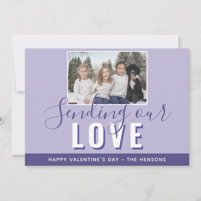 Modern Lila Valentine's Day Script Family Photo Julkort (Framsida)