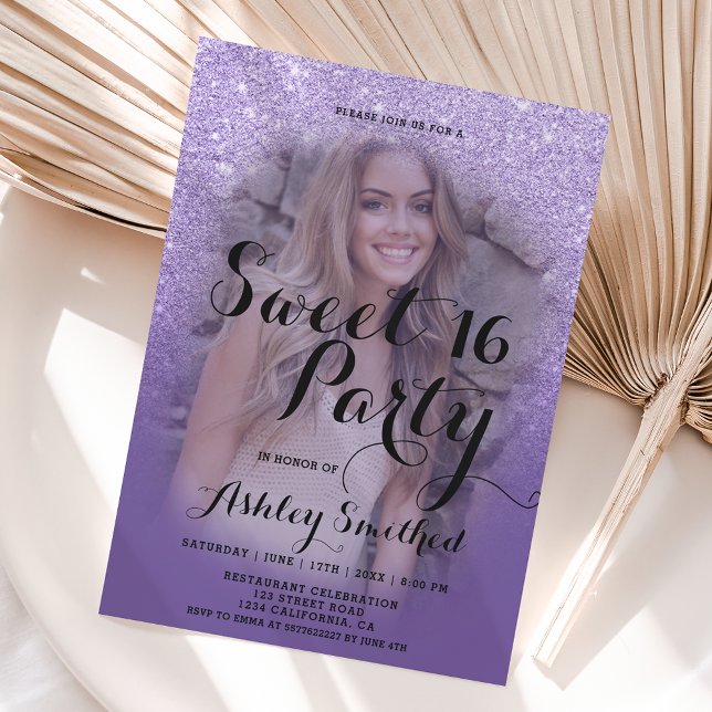 Modern lila violet glitter ombre-foto Sweet 16 Inbjudningar (Skapare uppladdad)