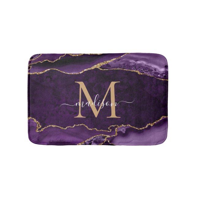 Modern Lila VioletGold Agate Geode Chic Monogram Badrumsmatta (Framsidan)