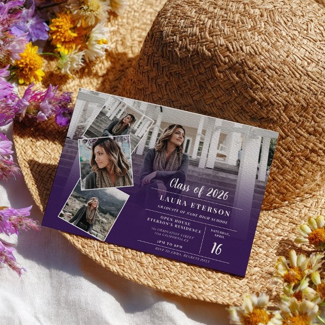 Modern lila violett minimalistiskt foto studenten inbjudningar (Modern purple violet minimalist photo graduation invitation)