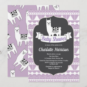 Modern Lila & White Aztec Llamas Baby Shower Inbjudningar