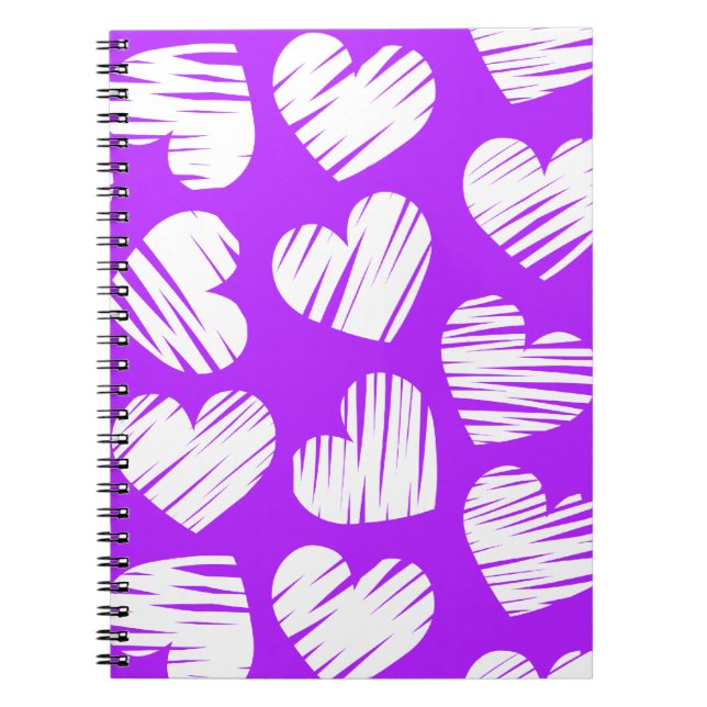 Modern Lila White Doodled Heart Valentine Day Anteckningsbok (Framsidan)