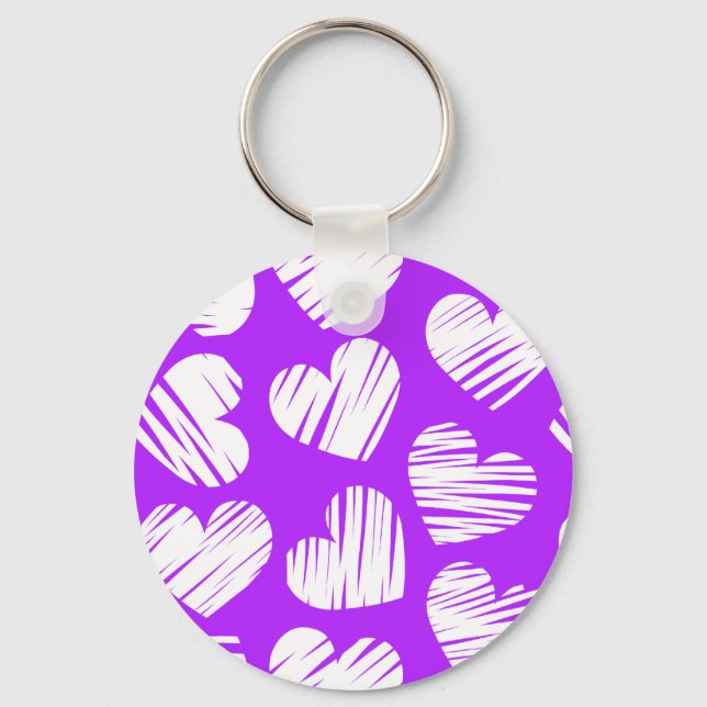 Modern Lila White Doodled Heart Valentine Day Nyckelring (Framsida)