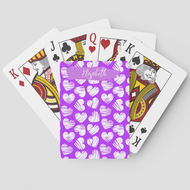 Modern Lila White Doodled Heart Valentine Namn Casinokort (Baksidan)