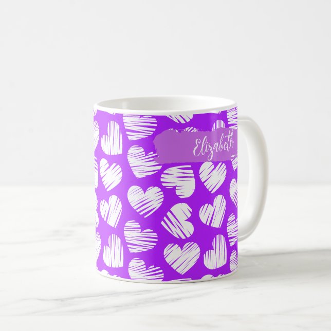 Modern Lila White Doodled Heart Valentine Namn Kaffemugg (Framsida höger)