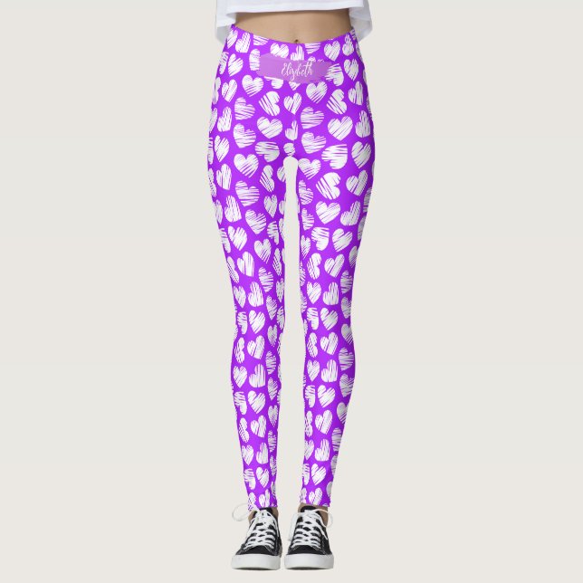 Modern Lila White Doodled Heart Valentine Namn Leggings (Framsida)