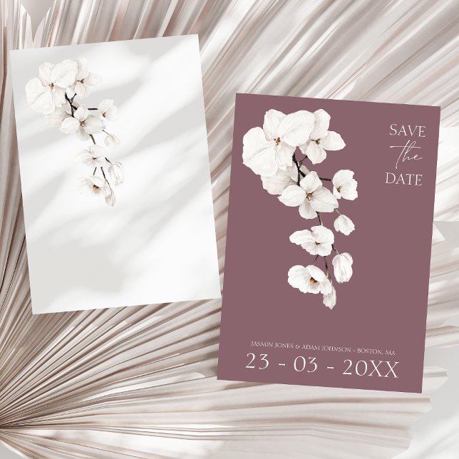 Modern Lila White Orchids Flowers Bröllop Spara Datumet (Modern Purple White Orchids Flowers Wedding Save The Date)