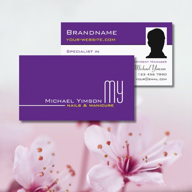 Modern Lila White Simple med Monogram och Photo Visitkort (Skapare uppladdad)