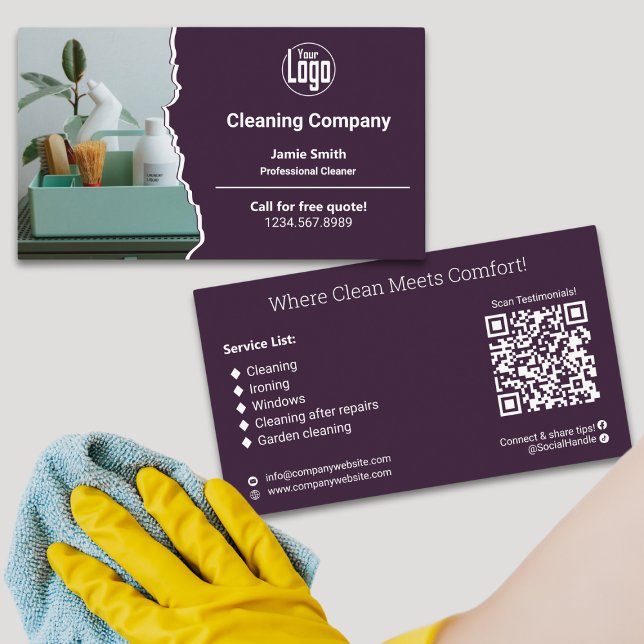 Modern Lila White Städning Company Visitkort (Modern Purple White Cleaning Company Business Card - Logo - Motto - List - QR code - Social Connect)