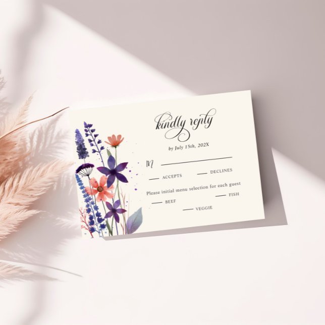 Modern Lila Wildblomme Bröllop Meal Choal OSA Kort (Skapare uppladdad)