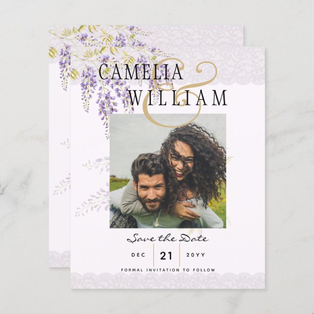 Modern Lila Wisteria PHOTO Bröllop spara datum (Fram/baksida)