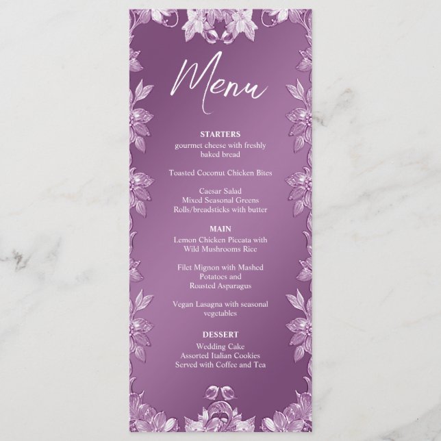 Modern Lilac Blommigt Bröllop Menu Meny (Framsida)