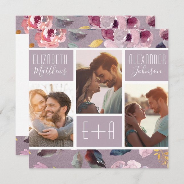 Modern Lilac Blommigt Photo Collage Bröllop Inbjudningar (Fram/baksida)