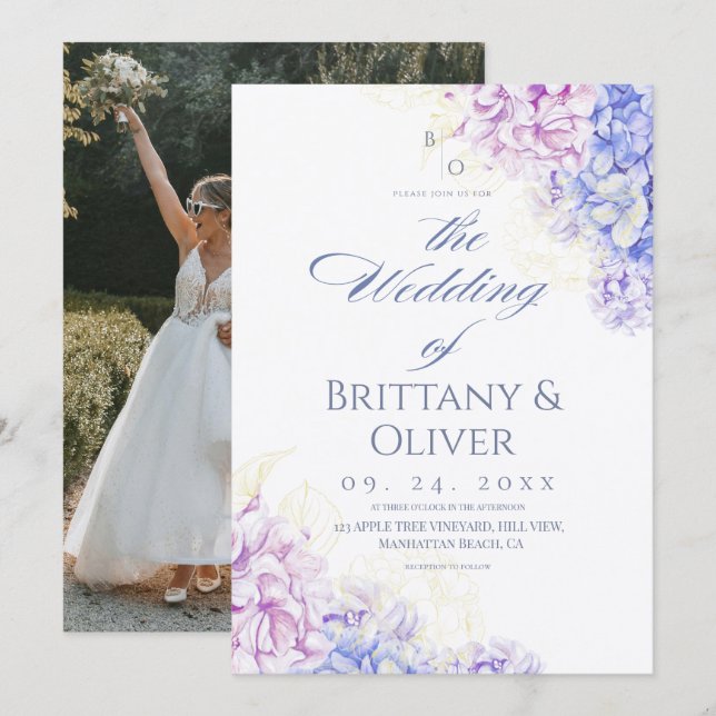  Modern Lilac & Blue Spring  Floral Wedding Inbjudningar (Fram/baksida)