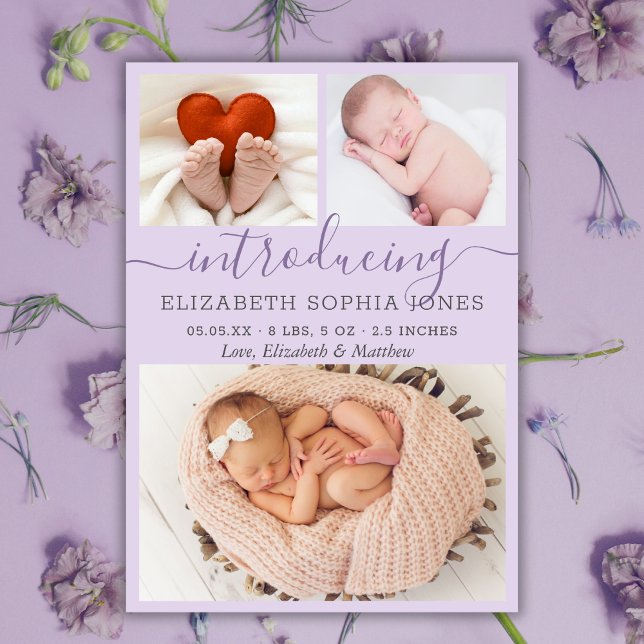 Modern Lilac Girl Birth Anouncement Photo Collage Meddelande (Skapare uppladdad)