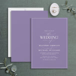 Modern Lilac Lavender Calligraphy Bröllop Inbjudningar<br><div class="desc">Trendig, elegant och modern, denna enkla, minimalistiska, lilaska lavender och vita typografi i bröllop har "Bröllop i" i modern kalligrafi och serietext som det viktigaste designkännetecknet, och den bygger på vår bästa möhippa inbjudan. Kortets baksida har en lavender struktur. Kontaktdesigner för matchande produkter. Tack så mycket för att ni stöder...</div>