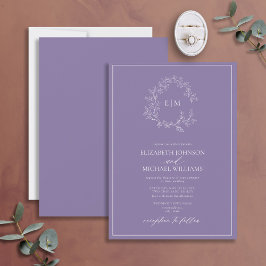 Modern Lilac Lavender Leafy Vapensköld Monogram Br Inbjudningar