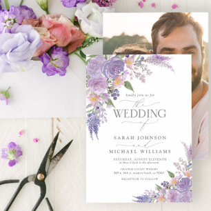 Modern Lilac Lavender Mauve Blommigt Photo Bröllop Inbjudningar