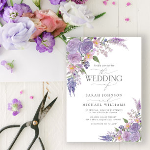 Modern Lilac Lavender Mauve Script Blommigt Bröllo Inbjudningar