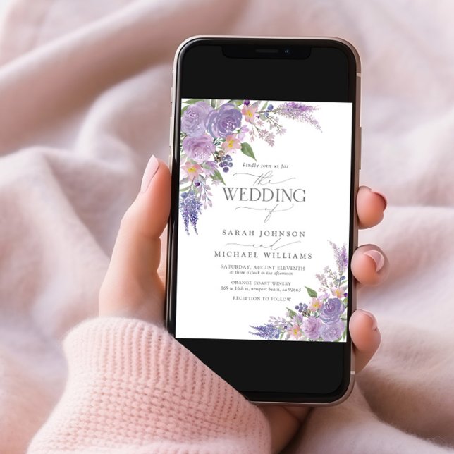 Modern Lilac Lavender Mauve Script Blommigt Bröllo Inbjudningar (Skapare uppladdad)