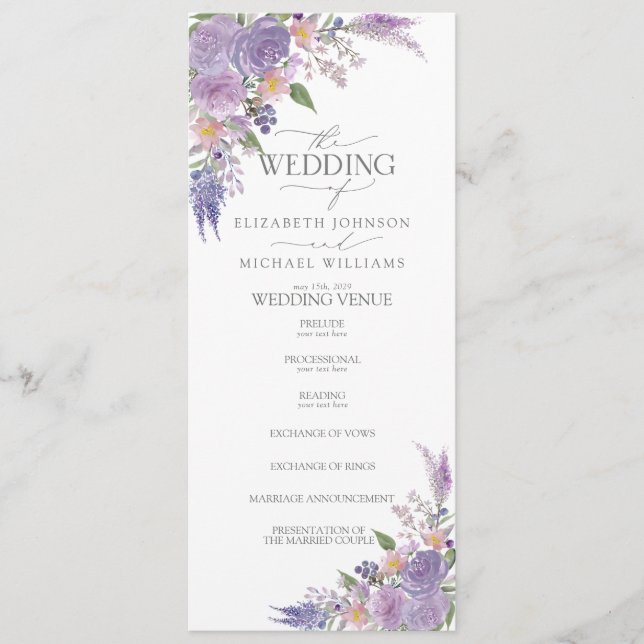 Modern Lilac Lavender Mauve Script Blommigt Bröllo Program (Framsida)
