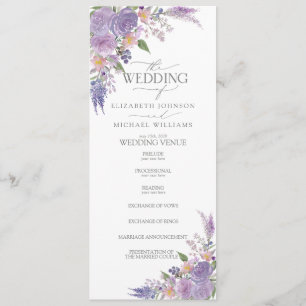 Modern Lilac Lavender Mauve Script Blommigt Bröllo Program