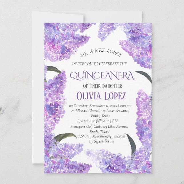 Modern Lilac Quinceañera Lila Lavender Birthday Inbjudningar (Framsida)