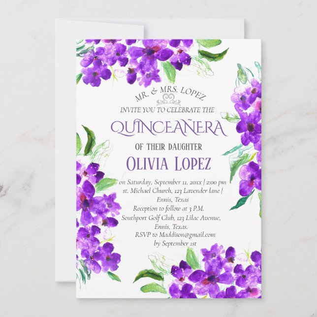 Modern Lilac Quinceañera Lila Lavender Birthday Inbjudningar (Framsida)