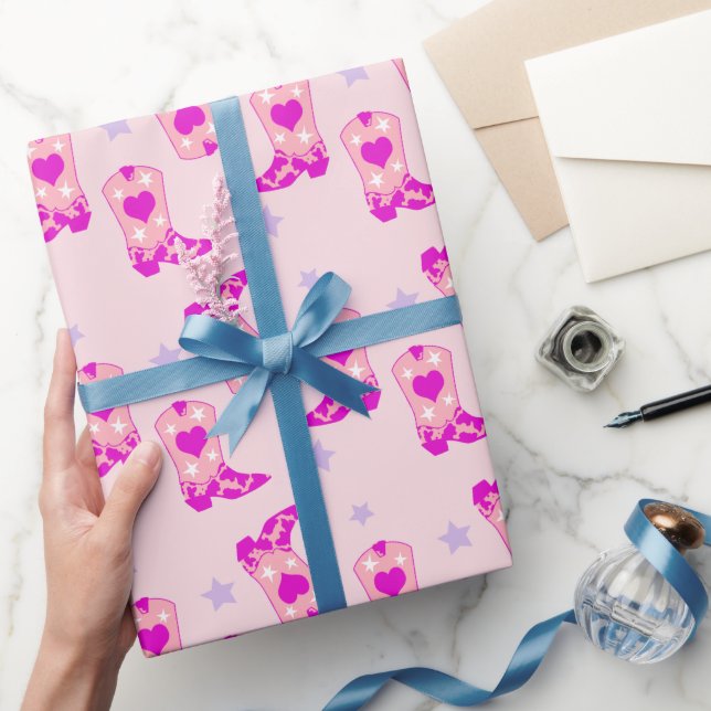 Modern Lilac Rosa Cowgirl Westerna Boots Stars Presentpapper (Gifting)