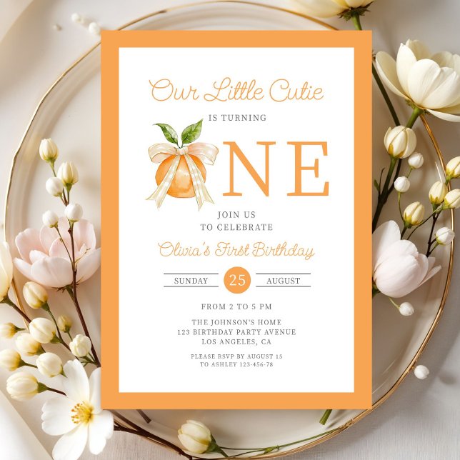 Modern lilla sötis apelsin citrus 1-årsfest inbjudningar (Modern Little Cutie Orange Citrus 1st Birthday Invitation)