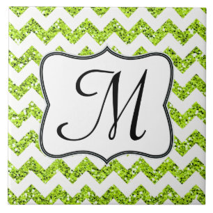 Modern Lime Glitter Chevron Monogram Visning Tile Kakelplatta