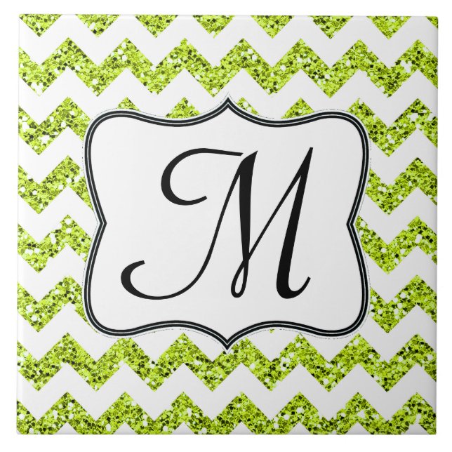 Modern Lime Glitter Chevron Monogram Visning Tile Kakelplatta (Framsidan)