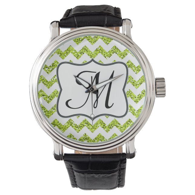 Modern Lime Glitter Chevron Zig Zag Rand Watch Armbandsur (Framsida)