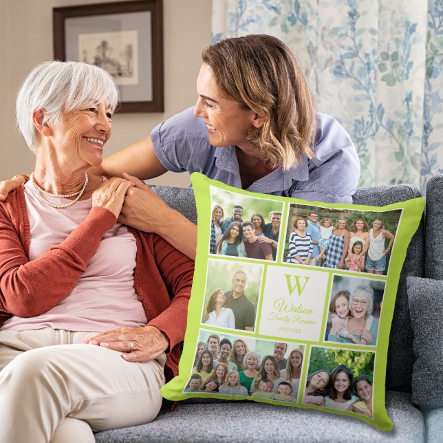 Modern Lime Green Family Reunion Monogram Photo  Kudde (Skapare uppladdad)