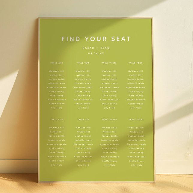 Modern Lime Green Wedding 8-Table Seating Chart Poster (Skapare uppladdad)