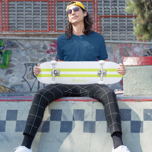 Modern Lime Green White Tävla Rand Monogrammed Mini Skateboard Bräda 18,5 Cm