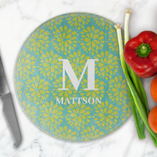 Modern Limegrön Teal Abstrakt Blommig Monogram