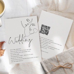 Modern Line Art Ansikte Black White QR Bröllop Inbjudningar
