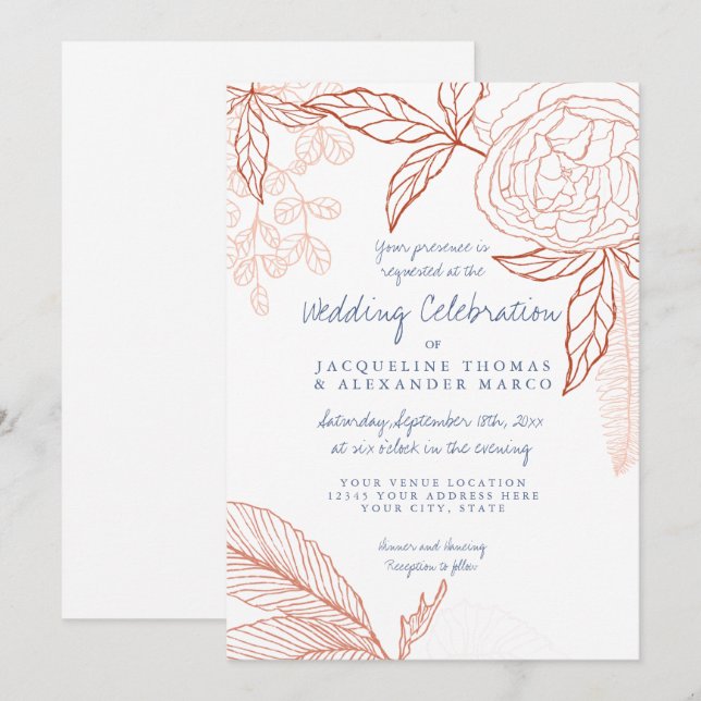 Modern Line Art Blommigt Peony Löv Navy Orange Inbjudningar (Fram/baksida)