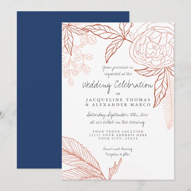 Modern Line Art Blommigt Peony Navy Orange Löv Inbjudningar (Fram/baksida)