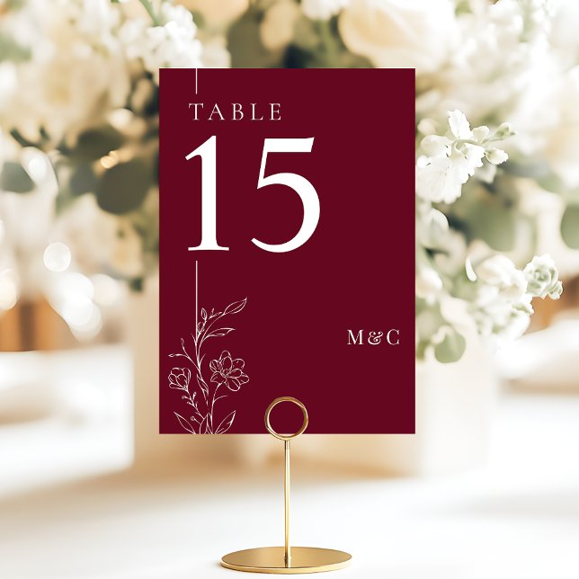 Modern Line Art Floral Burgundy Elegant Wedding Bordsnummer (Skapare uppladdad)